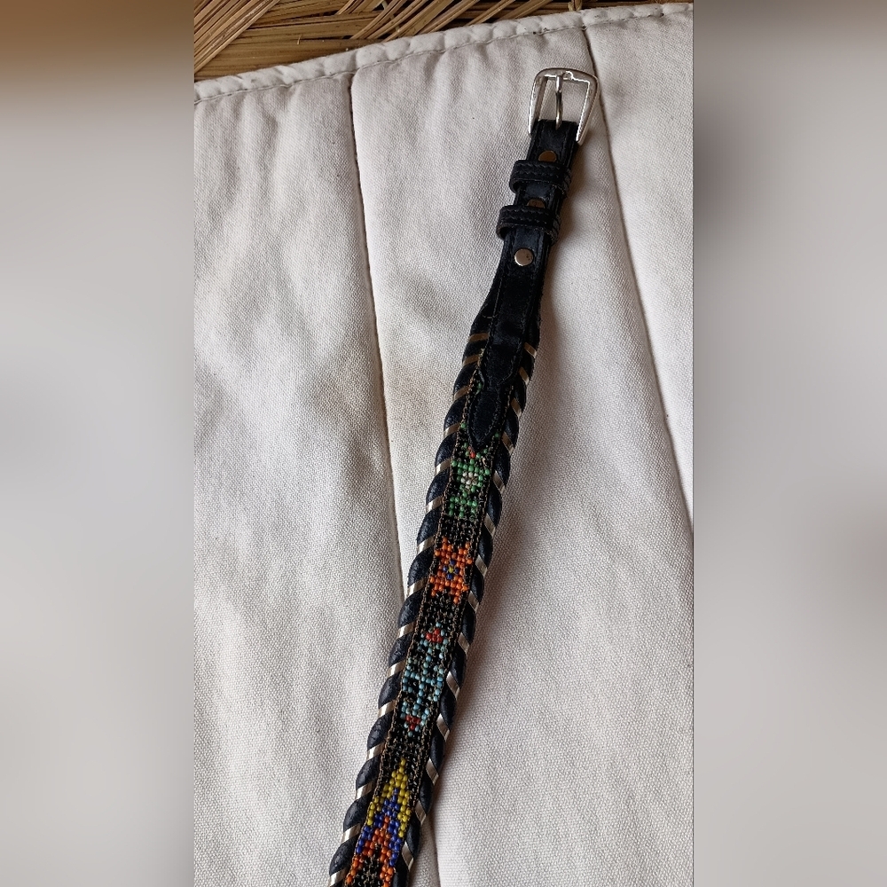 Vintage Beaded Designed Black Leather Belt_30 - Picture 4 of 6